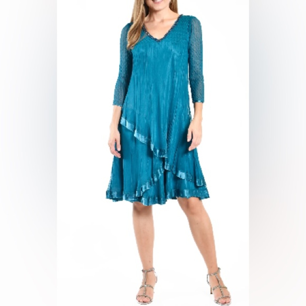 Komarov Beaded V-Neck 3/4 Sleeve Chiffon Charmeuse Trim Dress NWOT L